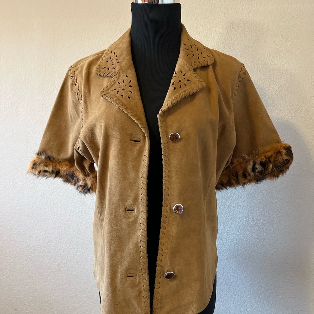 Women's Tan Suede Jacket with Faux Fur Trim